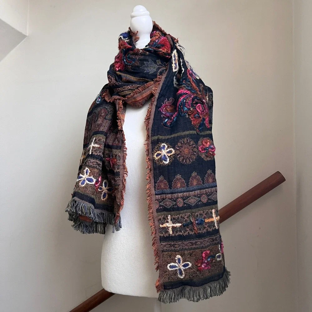 Vintage Boho Floral Tapestry Scarf Shawl Dark Artsy Forest Folk Chunky Wrap